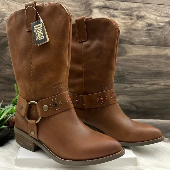 NIB Dingo Dan Post Madre Western Boots Harness Studs Cognac Leather - Picture 5 of 14